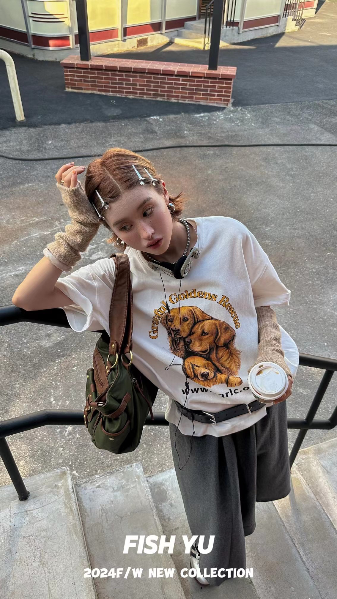 韓国ファッション！おしゃれ女子必見！ゴールデンレトリバー 犬柄 Tシャツ